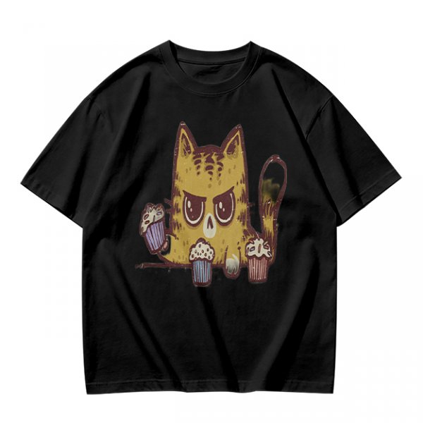 Olive T-Shirt With Angry Cat Holding Cupcakes Graphic Print