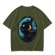 Olive T-Shirt With Black Cat And Crescent Moon Graphic