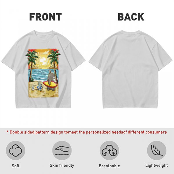 Olive T-Shirt with Beach Scene Print Featuring Totoro and Friends
