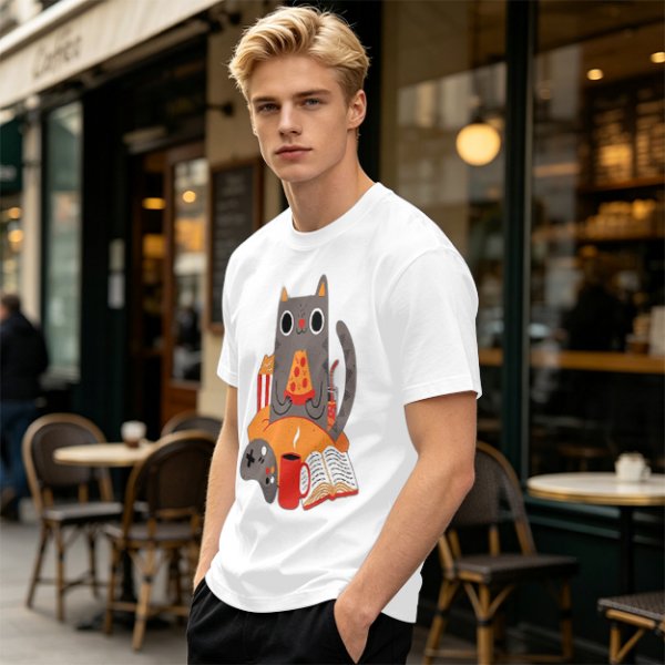 Olive T-Shirt With Cozy Cat Eating Pizza And Gaming Print