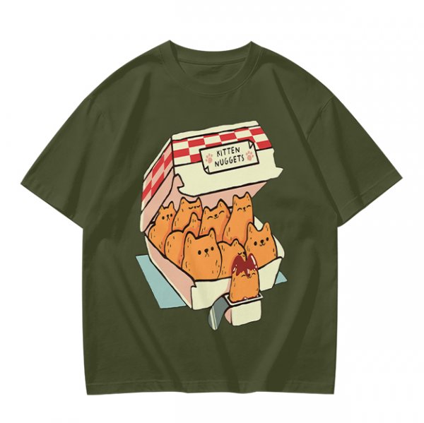 Olive T-Shirt With Kitten Nuggets Fried Chicken Box Graphic