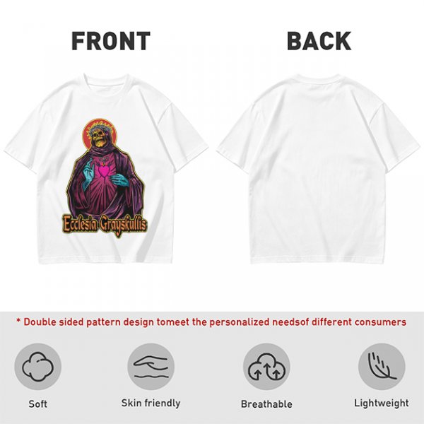 Olive t-shirt with skeleton religious graphic and Ecclesia Grayskullis text