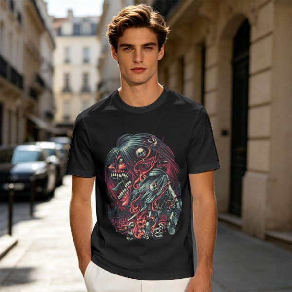 Olive T-Shirt With Dark Fantasy Skull And Monster Graphic Print