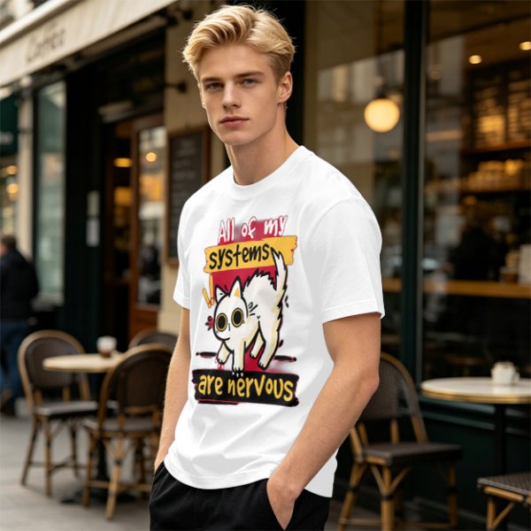 Olive graphic t-shirt with nervous white cat and 'All of my systems are nervous' text