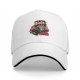 Black baseball cap with devil cat driving flaming car 'Do You Wanna Ride?' print