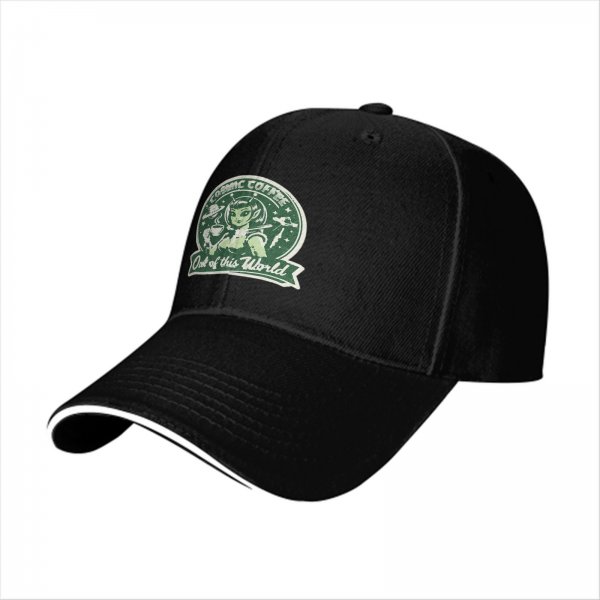Black baseball cap with cosmic coffee alien girl graphic