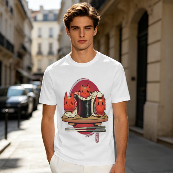 Olive t-shirt with cute cat sushi characters on a wooden platter