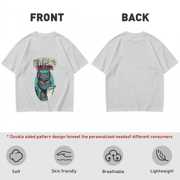 Olive green graphic t-shirt with grumpy cat holding New Year's resolutions