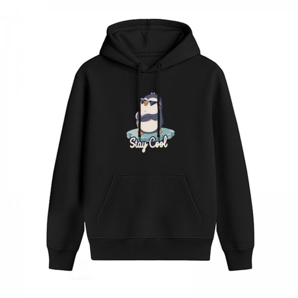 Black hoodie with a cool penguin graphic and 'Stay Cool' text