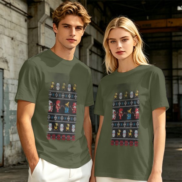 Olive T-Shirt With Final Fantasy Christmas Themed Pixel Art Print