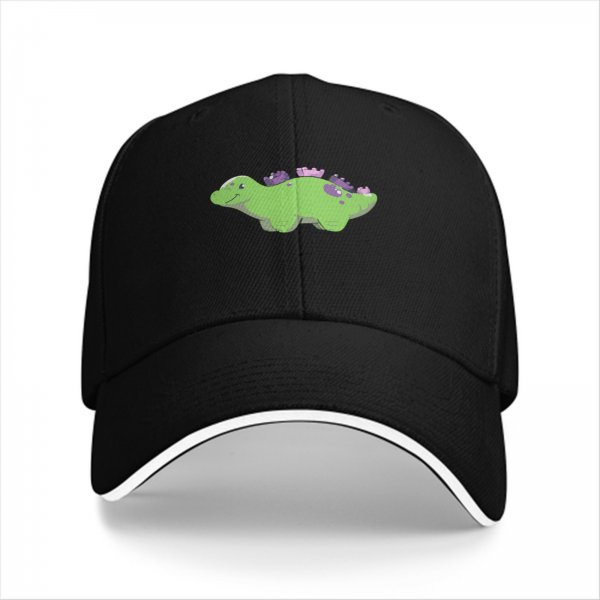 Black Baseball Cap With Cute Green Dinosaur Graphic