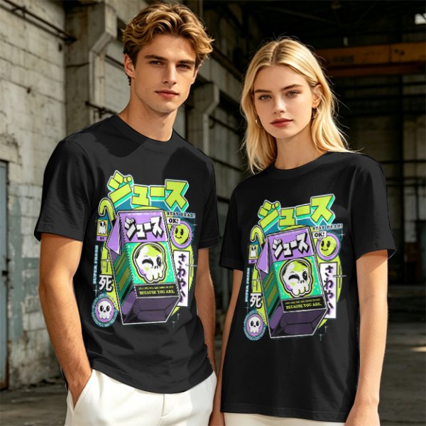 Olive T-shirt with spooky juice box graphic and playful skull art