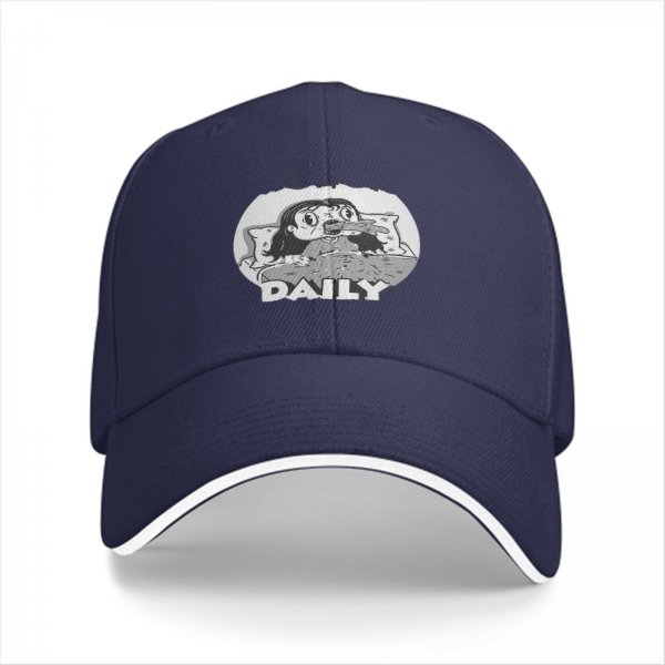 Black baseball cap with grayscale horror girl in bed graphic and DAILY text