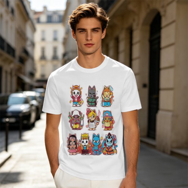 Olive T-Shirt With Cute Anime Cat Character Print