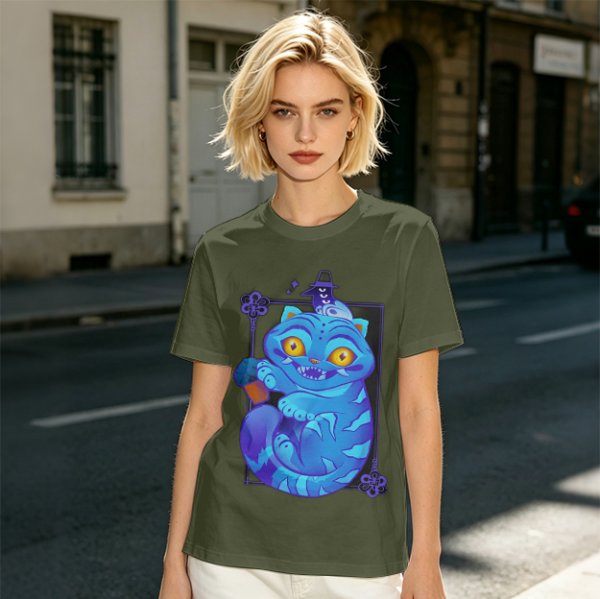Olive T-Shirt With Cheshire Cat And Crow Graphic Print