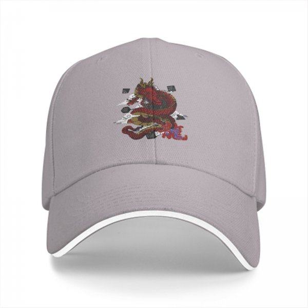Black baseball cap with red dragon and cloud graphic design