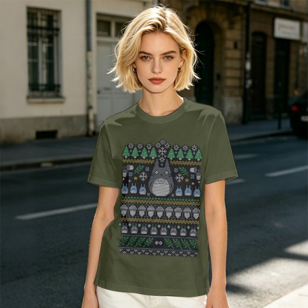 Olive T-Shirt With Totoro Ugly Christmas Sweater Style Print