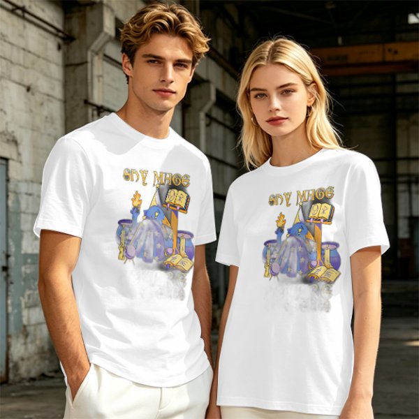 Olive T-Shirt with Shy Mage Wizard and Magical Artwork Print