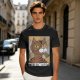 Olive green t-shirt with cubist style cat print and Purrcasso text