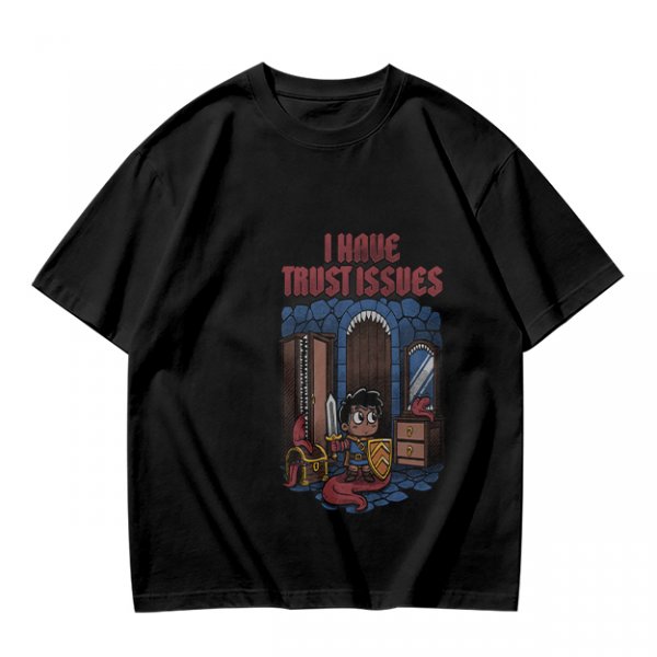 Olive t-shirt with 'I Have Trust Issues' chibi knight graphic