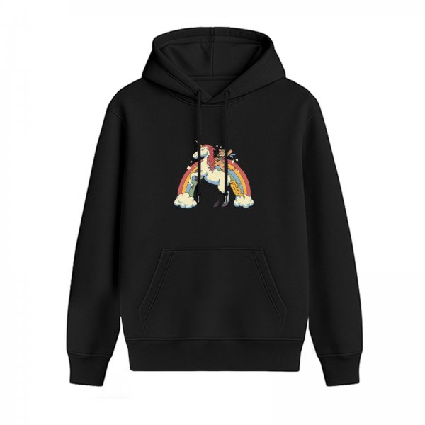 Black Hoodie With Unicorn And Rainbow Graphic Print