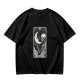 Olive t-shirt with The Moon tarot card skeleton and crescent moon print