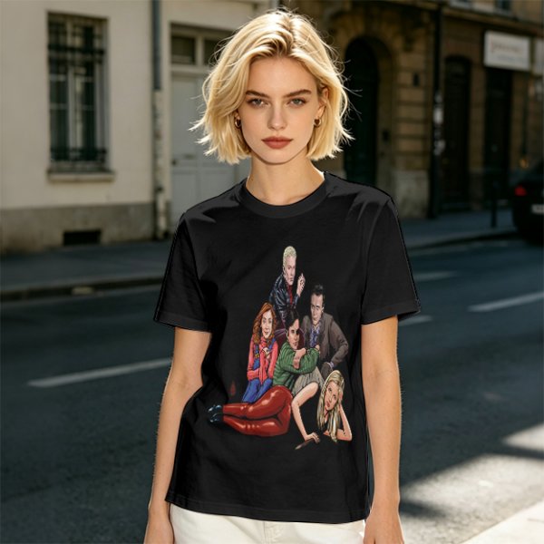 Olive Green T-Shirt with Buffy The Vampire Slayer Character Art Print