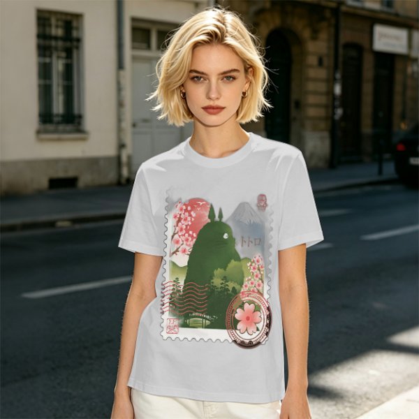 Olive T-Shirt with Totoro Cherry Blossom Stamp Art Print