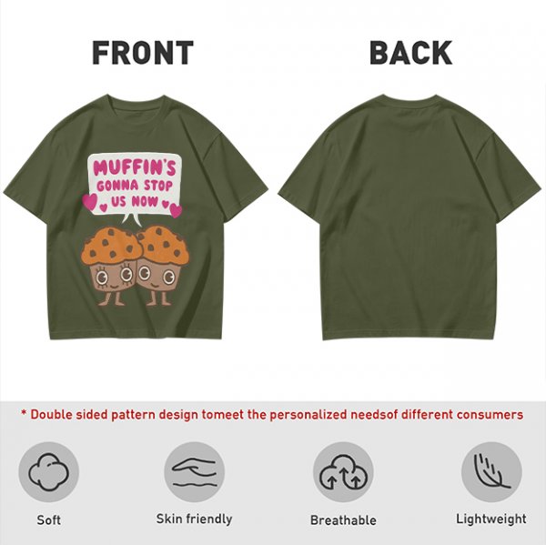 Olive t-shirt with cute muffin graphic and playful text design