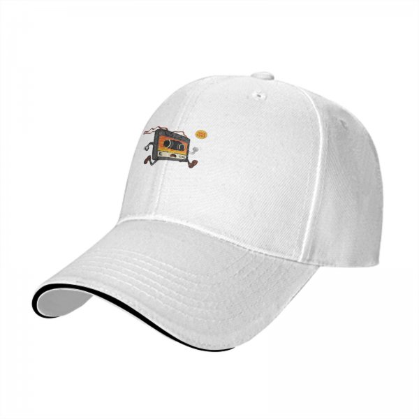 Black baseball cap with running cassette tape graphic