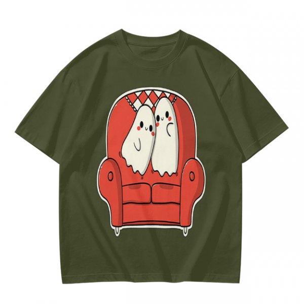 Olive T-Shirt with Cute Ghosts on Red Armchair Graphic