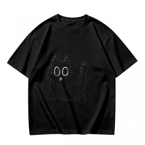 Oversized Army Green T-Shirt With Surprised Black Cat Graphic