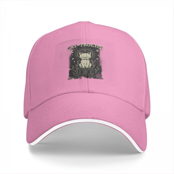 Black baseball cap with cat-tholics religious parody graphic print