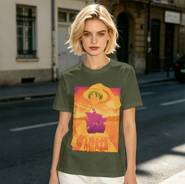 One Piece Straw Hat Crew Sunset Pirate Ship Graphic T-Shirt
