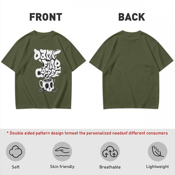Olive Graphic T-Shirt With 'Damn Fine Coffee' Skull Mug Print