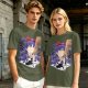 Olive T-Shirt With Witch Anime Girl and Cat Silhouette Print