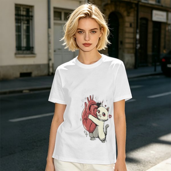 Olive T-Shirt With Cute White Cat Hugging Anatomical Heart Print