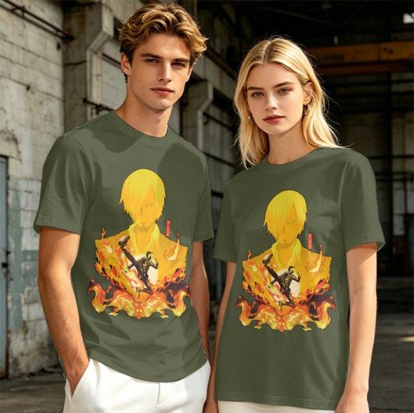 One Piece Sanji Fire Kick Graphic Olive T-Shirt