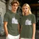 Olive green t-shirt with a chubby unicorn holding a steaming coffee cup