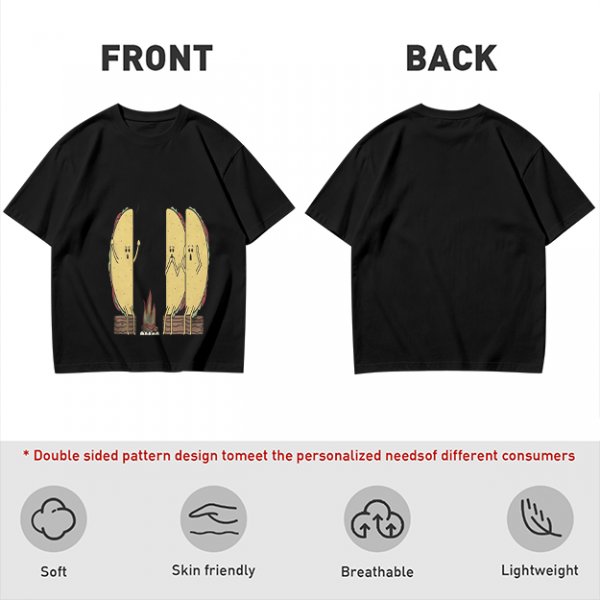 Olive T-Shirt With Funny Taco Characters Around A Campfire