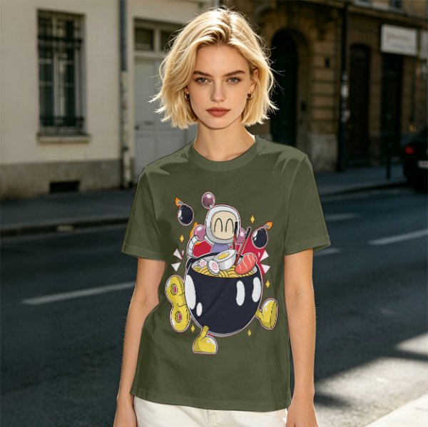 Olive T-shirt with Bomberman Character Eating Ramen Print