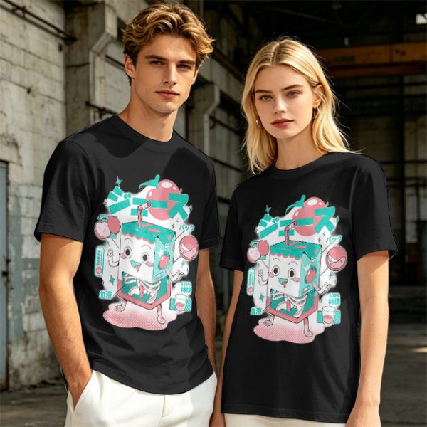 Olive t-shirt with a cartoon apple juice box skeleton graphic