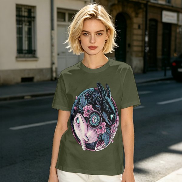 Olive T-Shirt with Yin Yang Dragon Floral Sun Moon Art