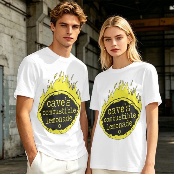 Olive t-shirt with cave's combustible lemonade flame graphic