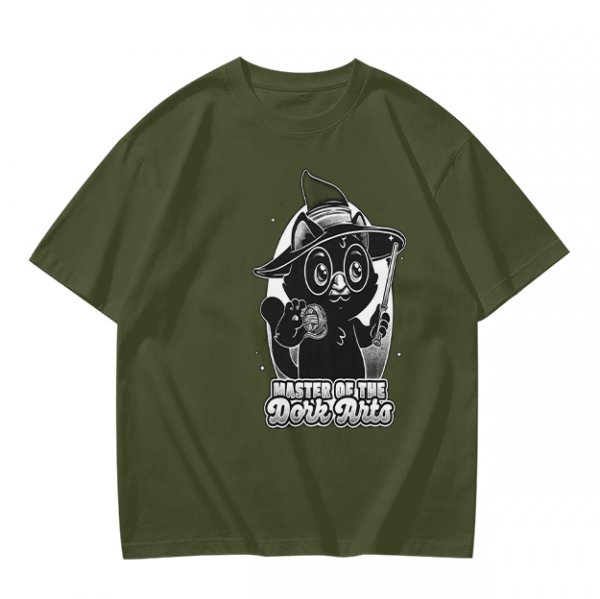 Olive T-Shirt with Black Cat Wizard 'Master of the Dork Arts' Print