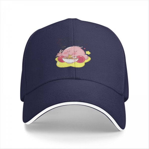Black baseball cap featuring Kirby eating ramen