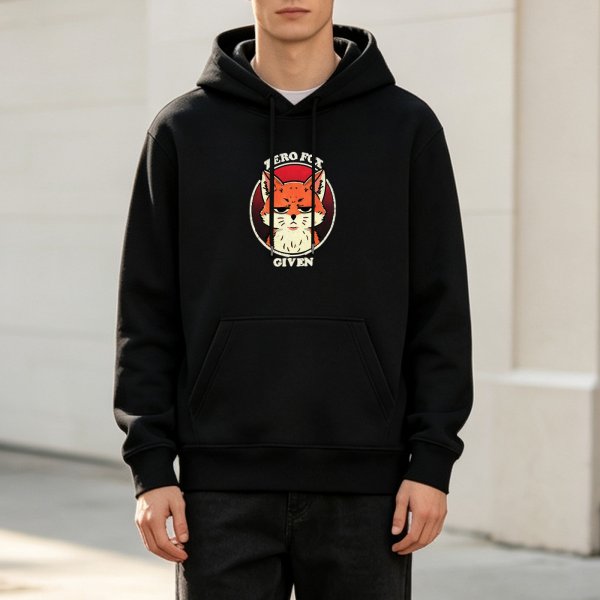 Black hoodie with 'Zero Fox Given' grumpy fox graphic print