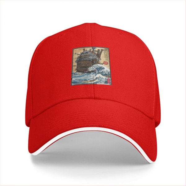 Black Baseball Cap with Japanese Wave and Ship Art Print