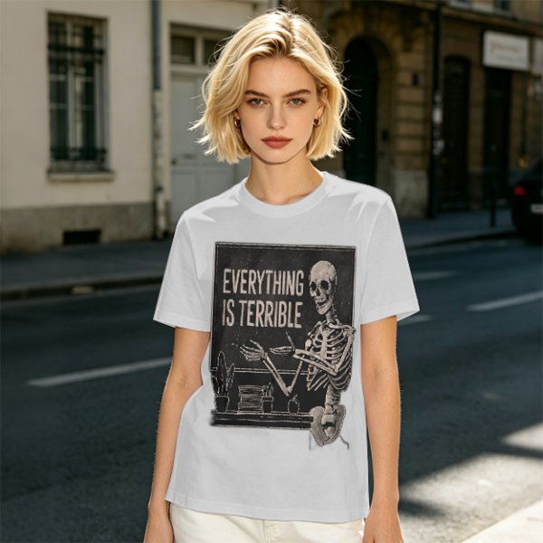 Olive t-shirt with skeleton teacher and 'Everything Is Terrible' print