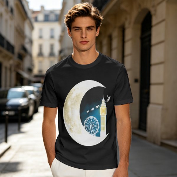 Olive T-Shirt with Crescent Moon London Skyline Flying Figures Print